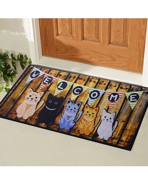 Welcome ve Kedi Baskılı Kauçuk Ev İçi Kapı Önü Paspası