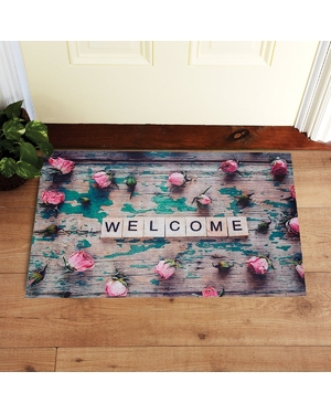 Welcome ve Güller Desenli Kauçuk Kapı Önü Paspası
