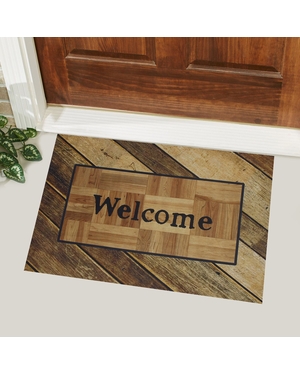 Welcome Yazılı Ahşap Desenli Kauçuk Kapı Önü Paspası
